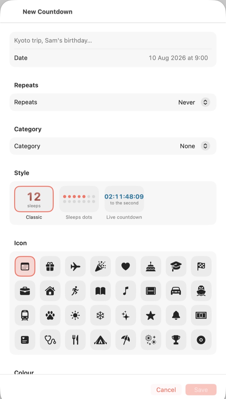 The New Countdown sheet: title and date fields, repeats and category pickers, a style picker offering Classic, Sleeps dots and Live countdown, and a grid of 32 icons to choose from.