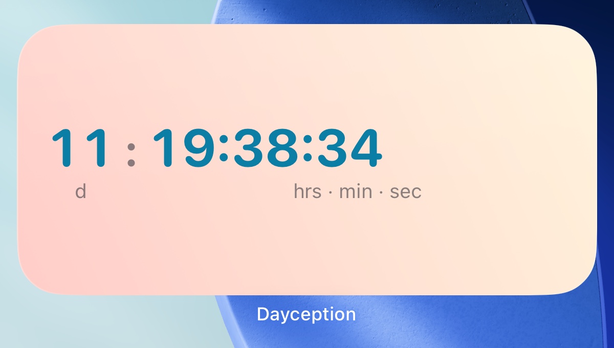 The Dayception Home-Screen widget on an iPhone, counting down live — 11 days, 19:38:34 in hours, minutes and seconds.